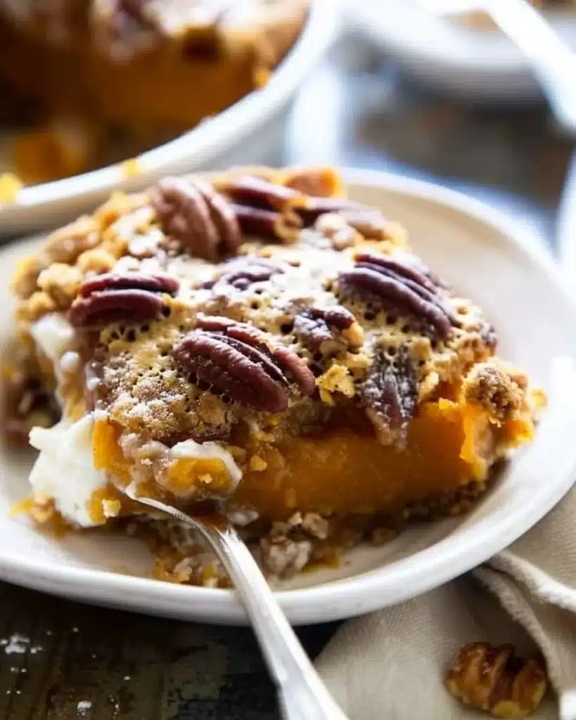 Delicious Pumpkin Pecan Cobbler topped with crunchy pecans and warm spices