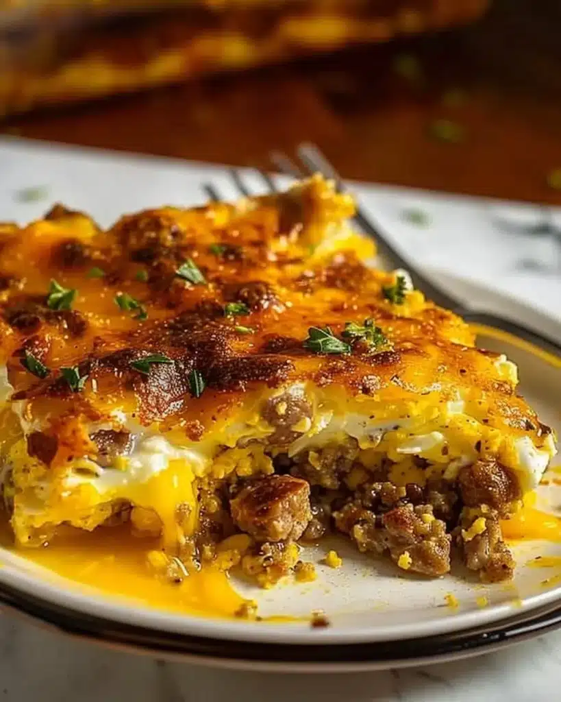 Delicious Sausage Egg Breakfast Bake served in a dish