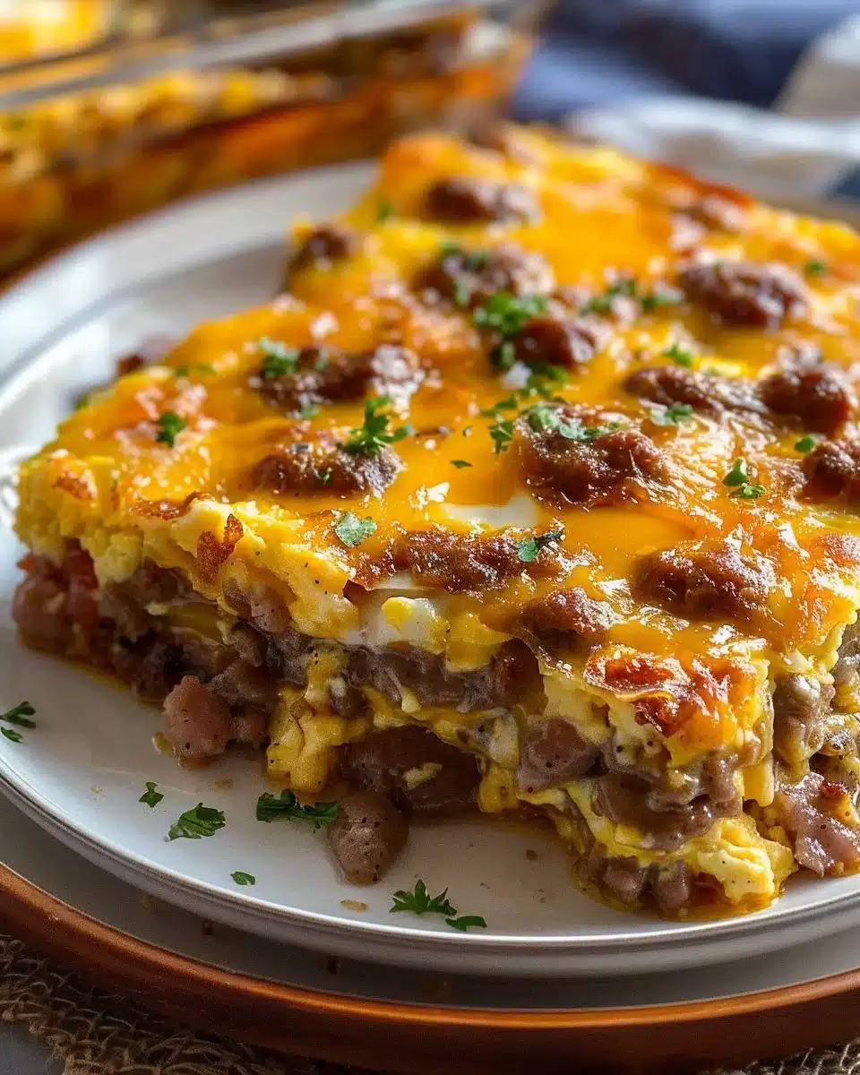Sausage Egg Breakfast Casserole served on a plate with fresh herbs