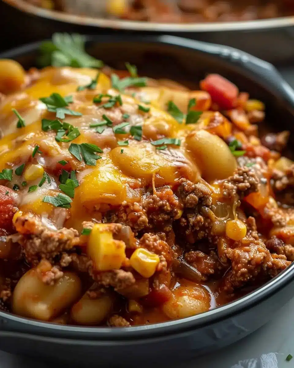 Delicious slow cooker cowboy casserole prepared with ground beef and vegetables