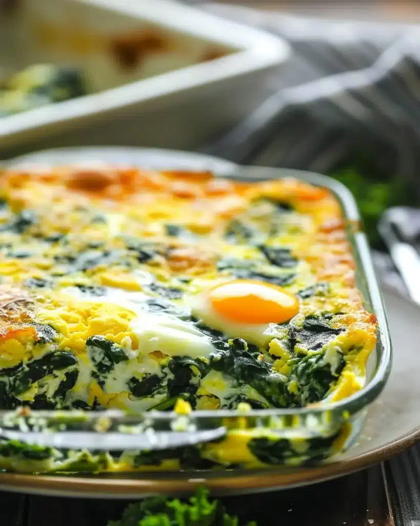 Delicious spinach egg casserole served in a baking dish with fresh herbs