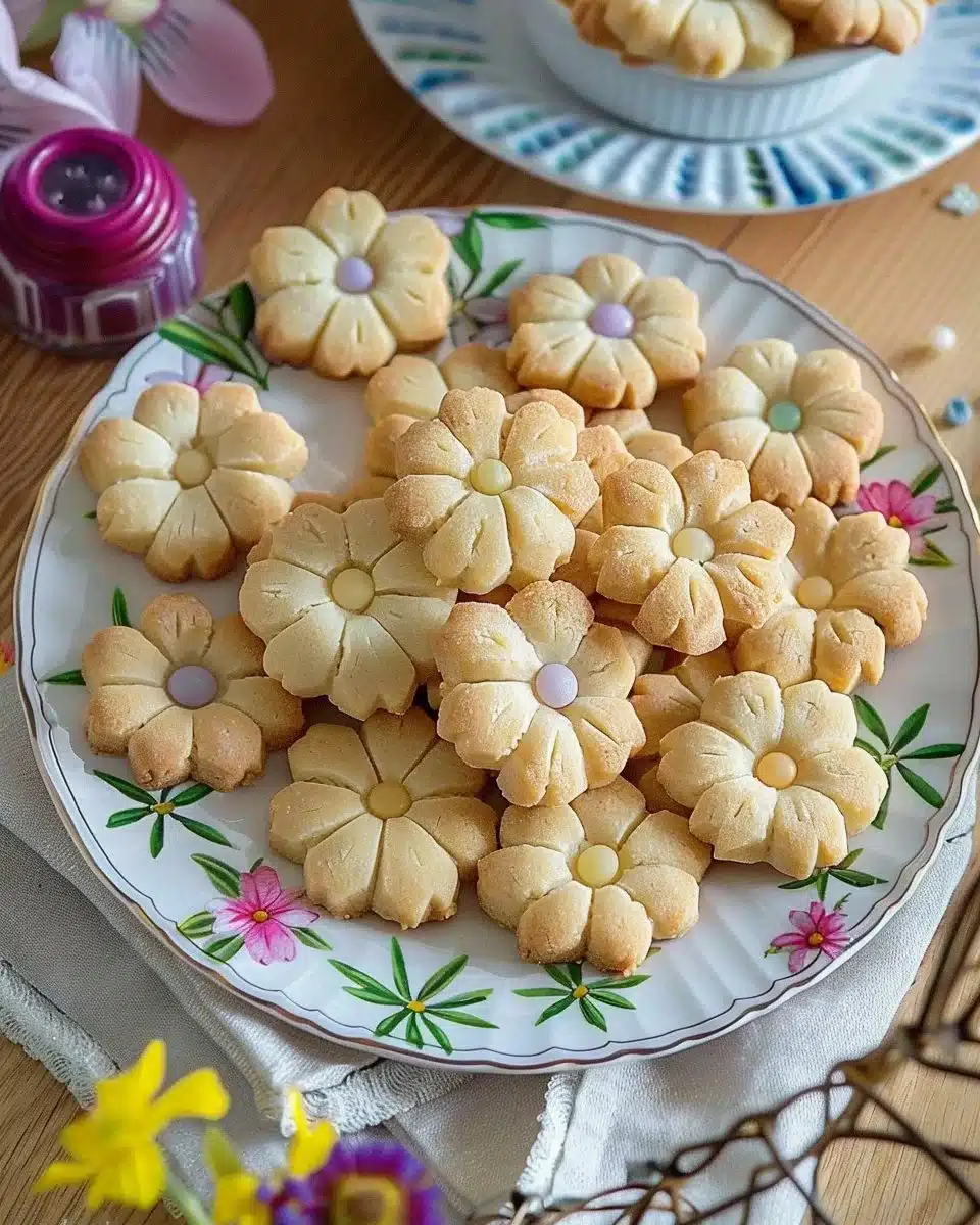 Spring Flower Shortbread Cookies decorated with colorful icing.