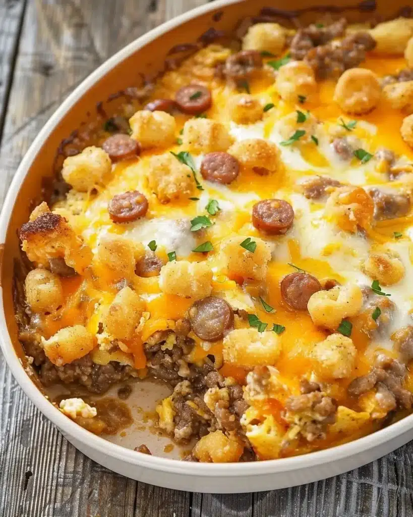 Delicious tater tot breakfast bake with eggs and cheese