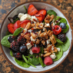 Elegant Summer Salad with Berry, Spinach, Pecans, Feta, and Balsamic Glaze